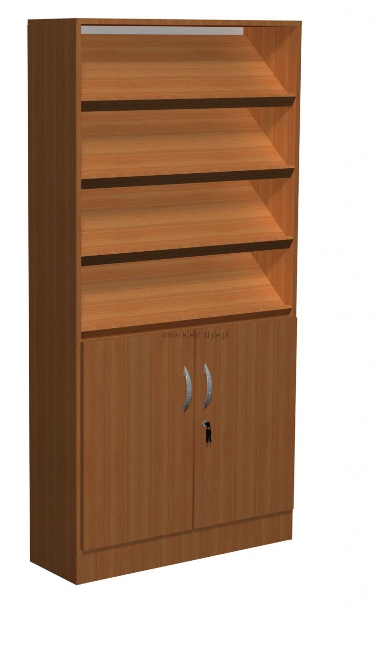 Regał biblioteczny skośne półki, schowki, szafka F