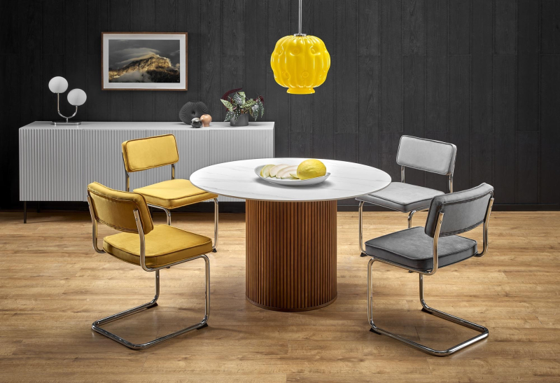 BRUNO stół okrągły fi 120/76 cm, biały marmur / orzechowy