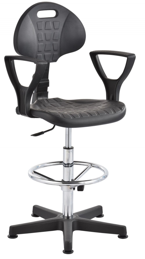 Krzesło laboratoryjne wysokie - czarny/chrom z podłokietnikami